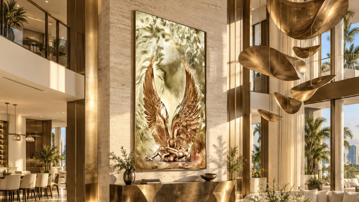 Gold fine art photograph by Zack Zublena of a winged figure, displayed on the wall of a luxury penthouse lobby with marble floors, brass details and palm trees