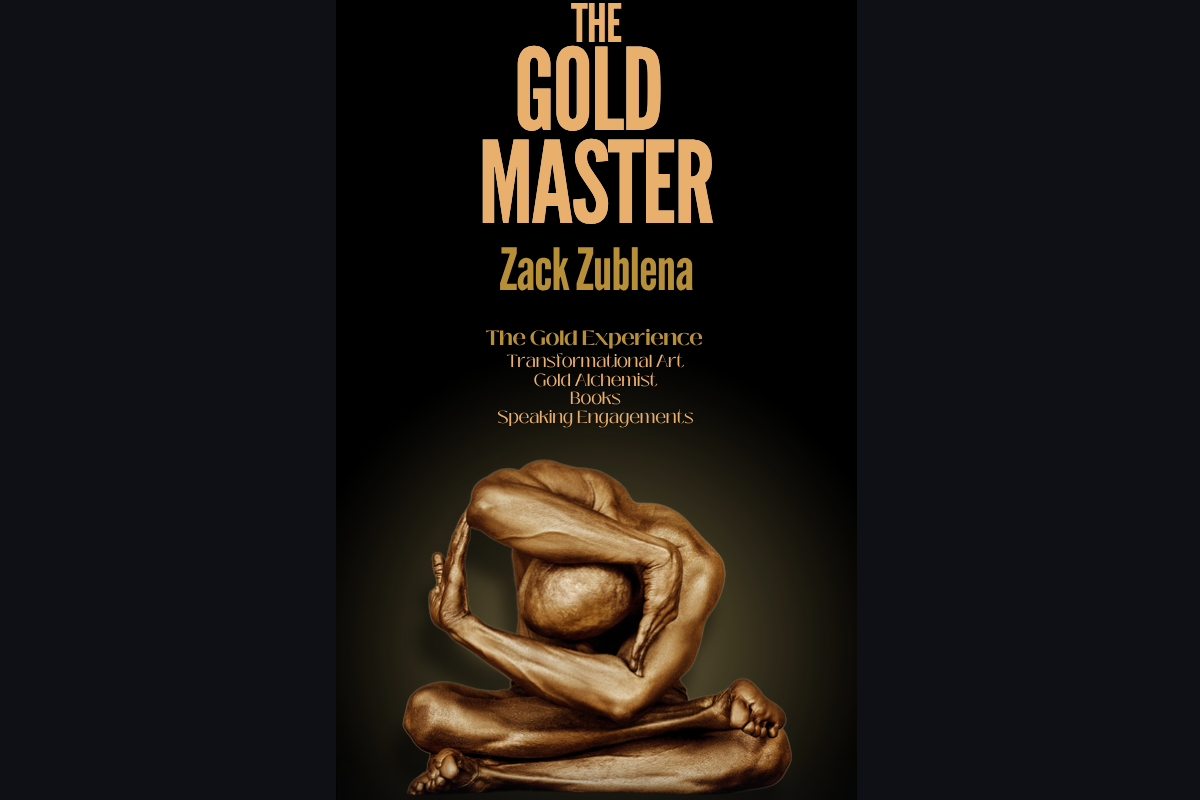 The Gold Master promotional graphic by Zack Zublena featuring a gold body-painted figure and golden typography.