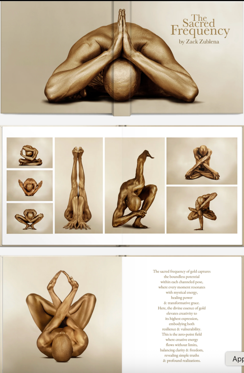 Open pages of The Sacred Frequency of Gold coffee table book by artist and photographer Zack Zublena, featuring gold-painted figurative fine art photography.