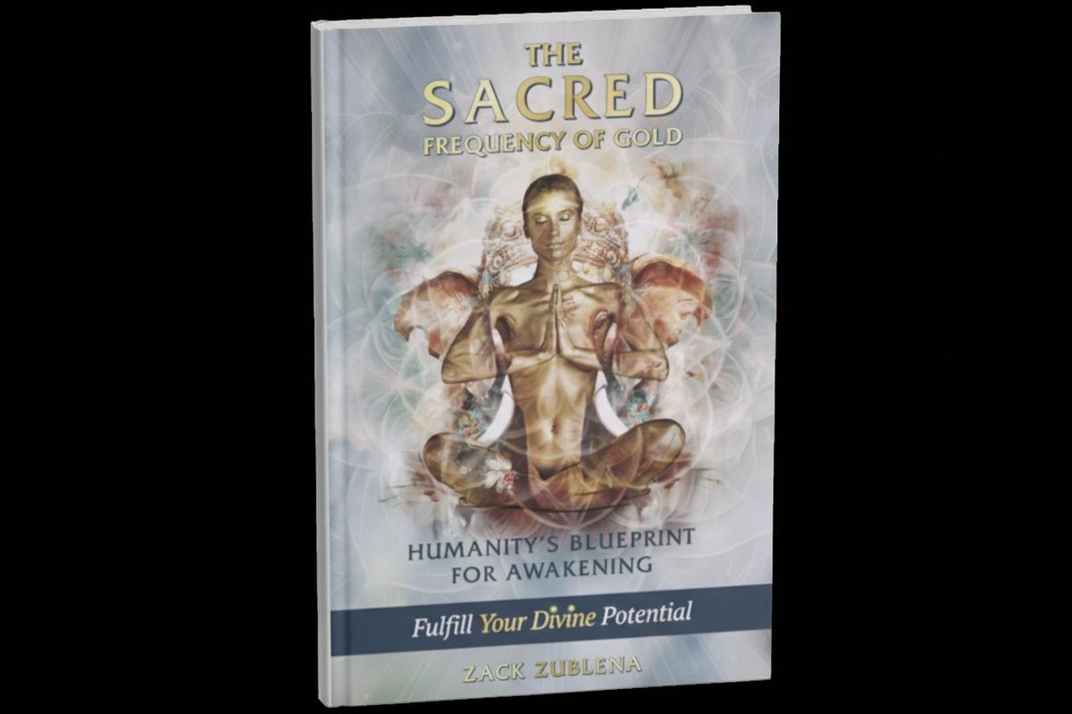 Book cover for "The Sacred Frequency of Gold: Humanity's Blueprint for Awakening" by Zack Zublena, featuring a meditating figure and golden light.