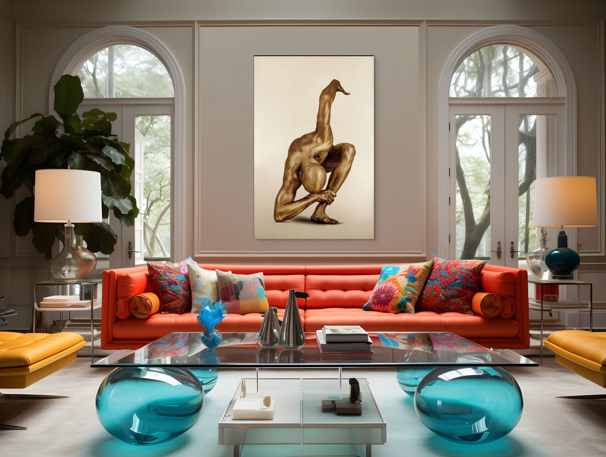 I Bow to You gold figurative fine art photograph by Zack Zublena displayed above an orange sofa in a colorful luxury interior.