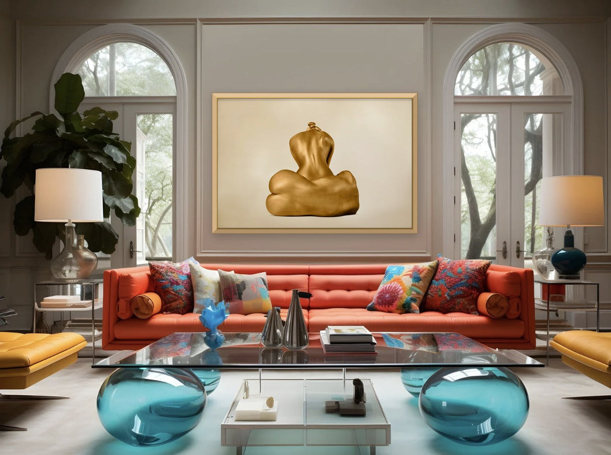 Gold seated figure fine art photograph by Zack Zublena in a gold frame above a coral sofa, luxury salon with arched windows
