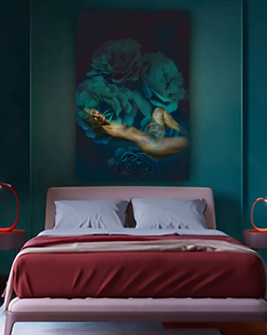 Framed floral fine art photograph with gold-painted arms by Zack Zublena displayed above a red bed in a dramatic teal boutique hotel interior.