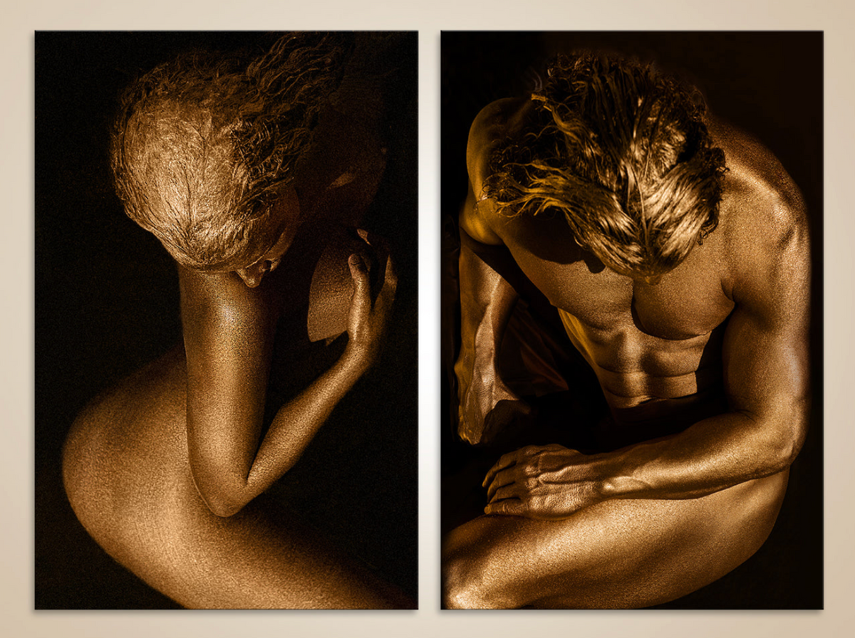 Golden Couple Diptych by Zack Zublena, two seated figures with gold-painted skin and bowed heads against dark backgrounds.