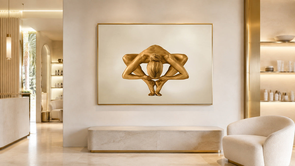 Framed gold-painted figurative fine art photograph by Zack Zublena displayed at Skin Rehab in Beverly Hills.