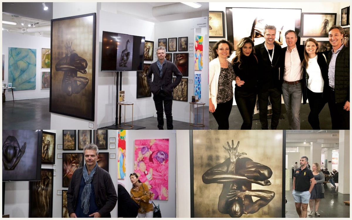 Collage of Zack Zublena exhibiting his fine art photography with visitors at The Other Art Fair Los Angeles, presented by Saatchi Art.