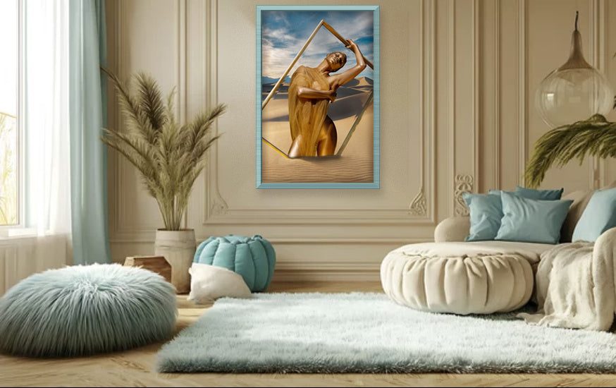 Birth of Artemis, gold body paint fine art photograph by Zack Zublena, in a soft teal frame on a cream panelled wall of a luxury living room with a teal pouf and rug