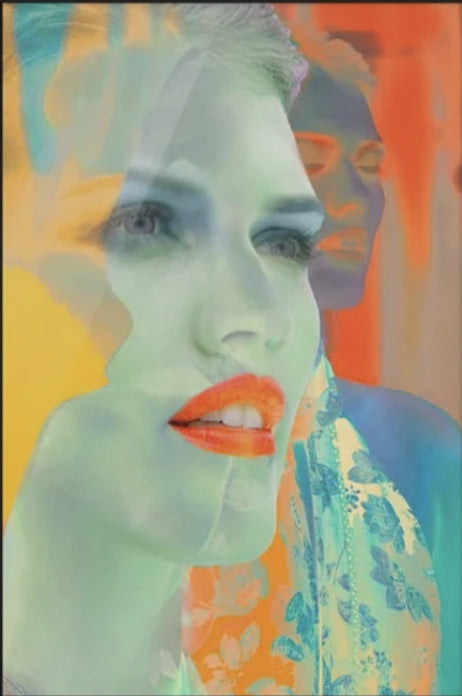 Inverted Dreams by Zack Zublena: surreal portrait in inverted colors with jade skin, orange lips and a second faded face in the background