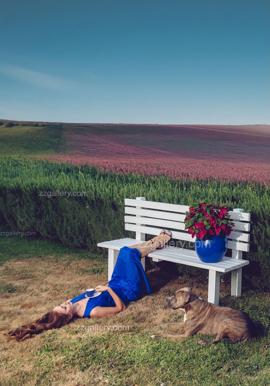 Discover Blue Serenity by Zack Zublena, a surreal fine art photograph blending vibrant landscapes, a woman in a cobalt-blue dress, and her resting dog. Perfect for modern interiors and contemporary art collectors.