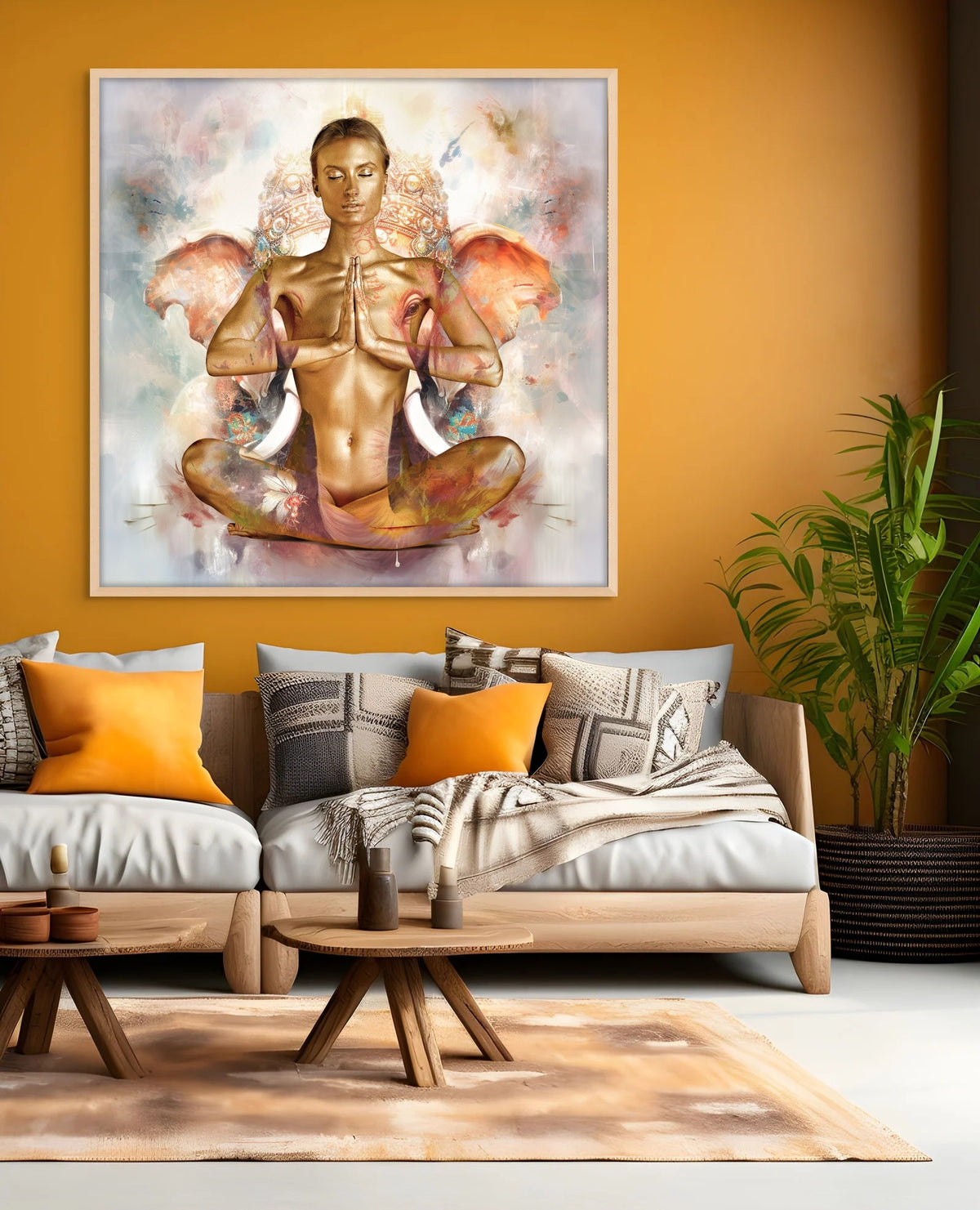 Namaste Ganesha by Zack Zublena: gold fine art photograph of a meditating figure and watercolor Ganesha in a light wood frame above a sofa in a warm orange living room