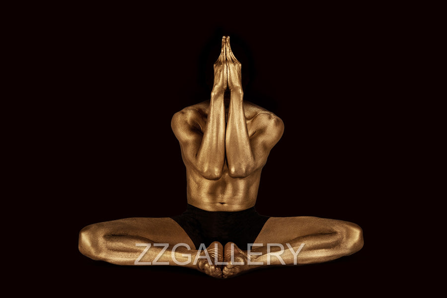 Golden-painted nude figure in meditation pose, headless form symbolizing ego dissolution, contemporary conceptual fine art by Zack Zublena.
