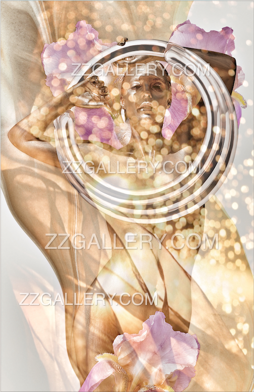 Golden surreal fine art photography of a nude female figure surrounded by ethereal rings and floating petals, symbolizing divine energy and sacred transformation – contemporary wall art for luxury interiors, spas, and collectors.