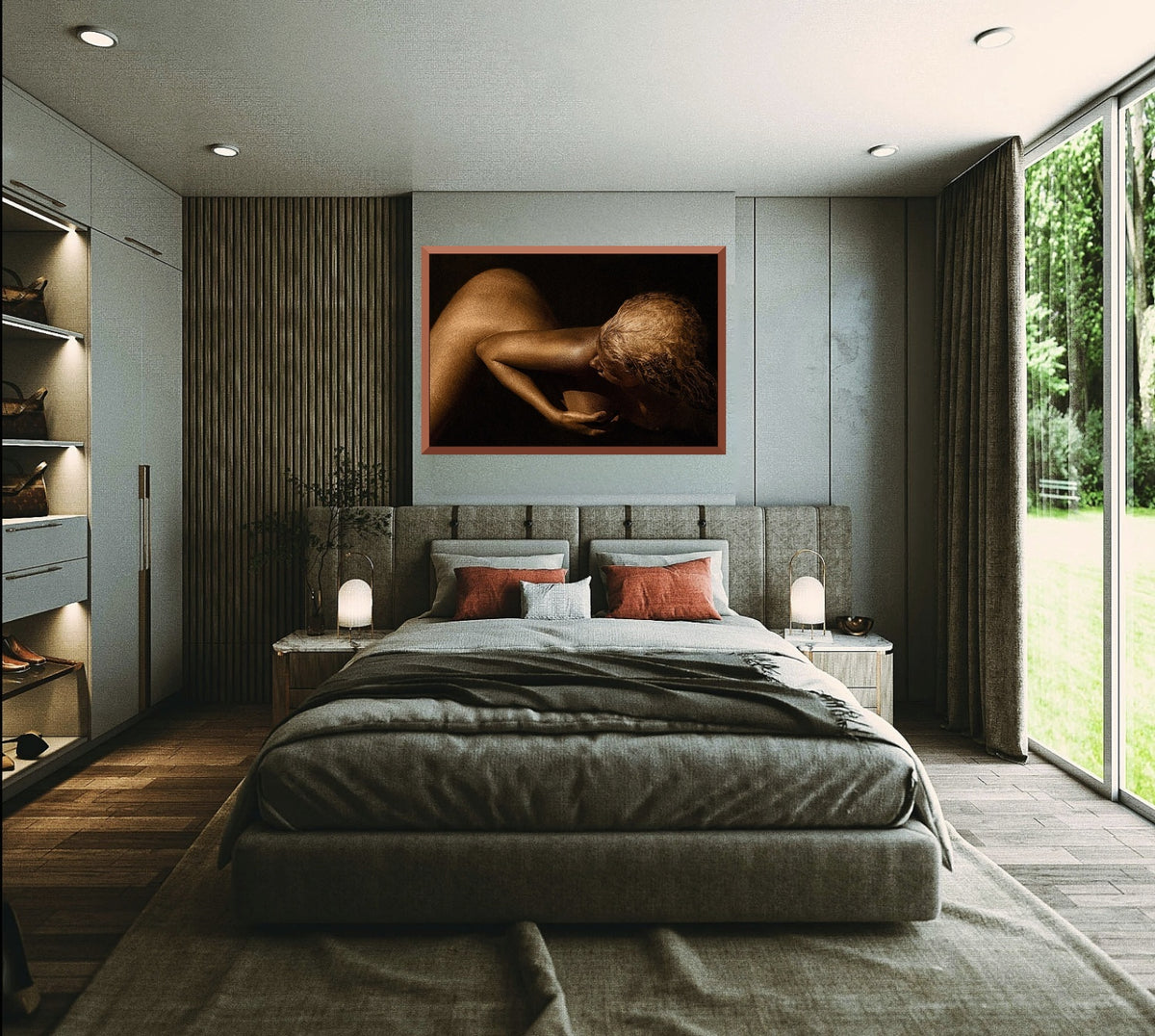 Gold body-paint fine art photograph “The Golden Hour” by Zack Zublena in a terracotta frame, hanging above the bed in a modern bedroom with grey walls and wood paneling.