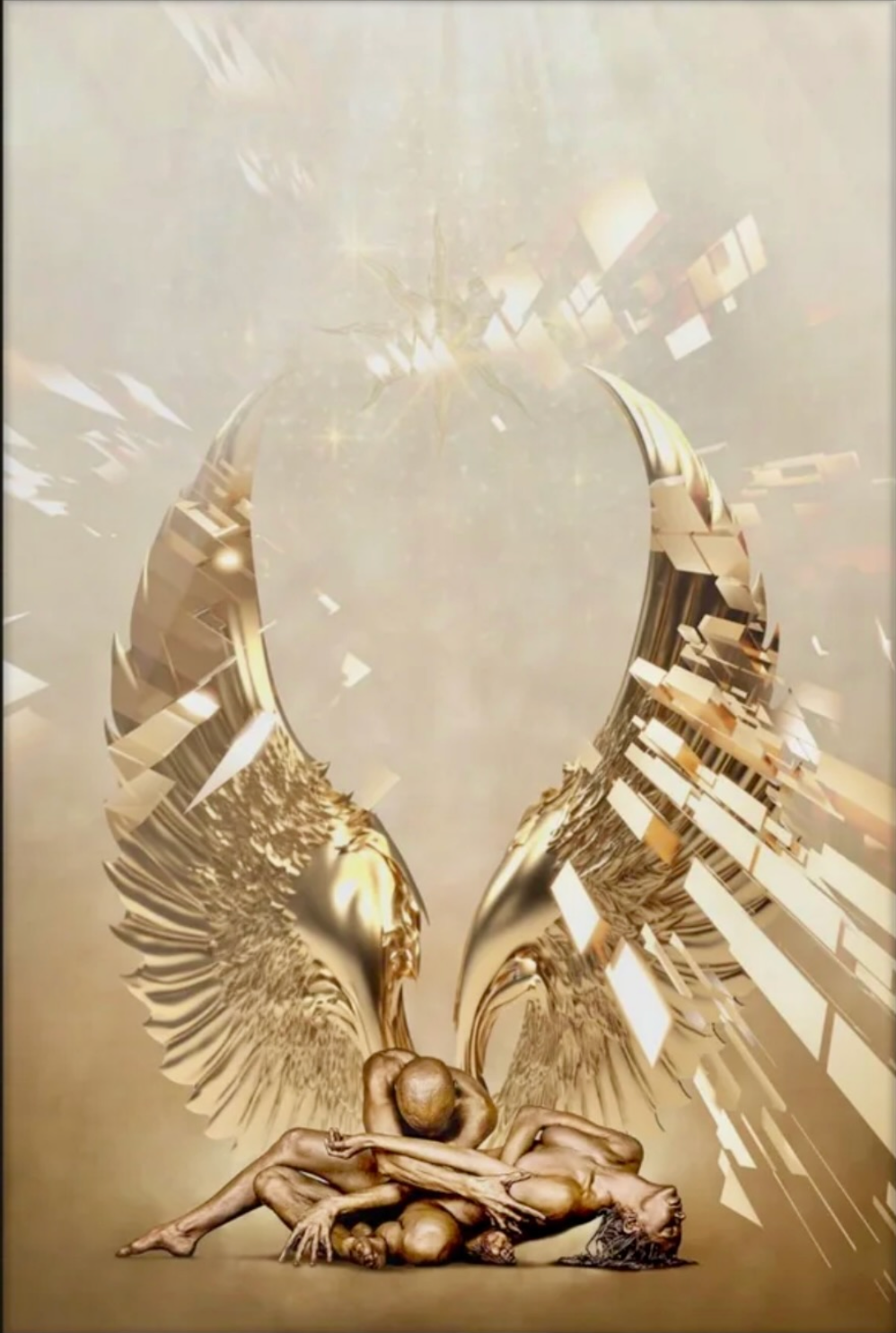 Golden couple in divine embrace beneath radiant angel wings – spiritual fine art wall decor by Zack Zublena