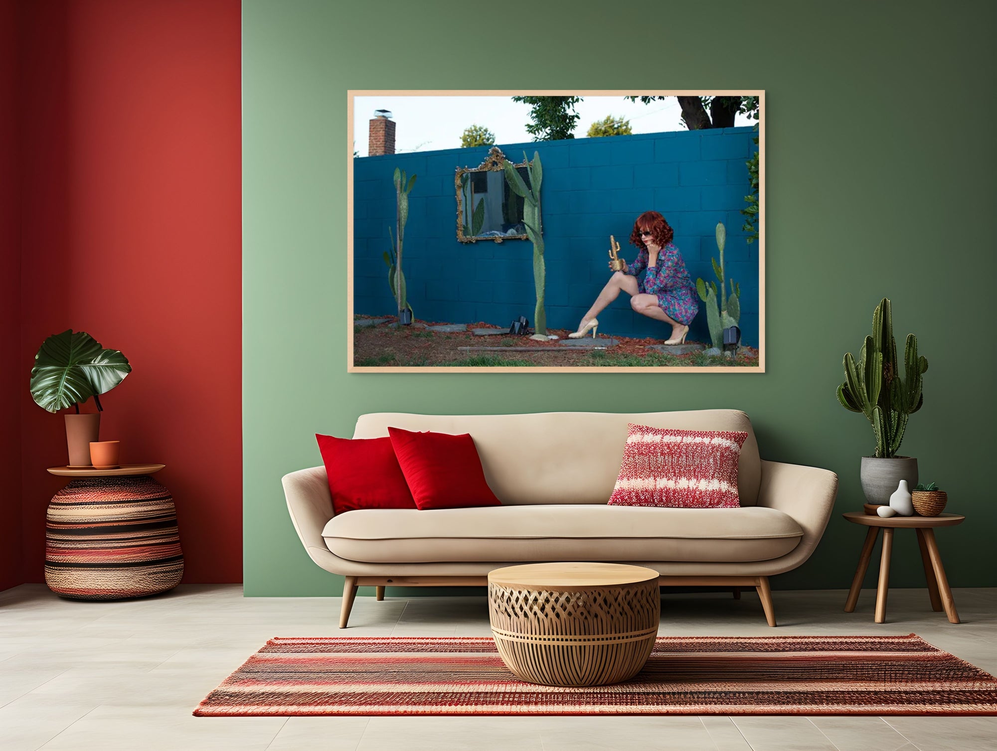 Surreal pop art photograph of a woman in a floral dress with a golden gun crouching by tall cacti against a turquoise wall, whimsical fine art wall décor by Zack Zublena.