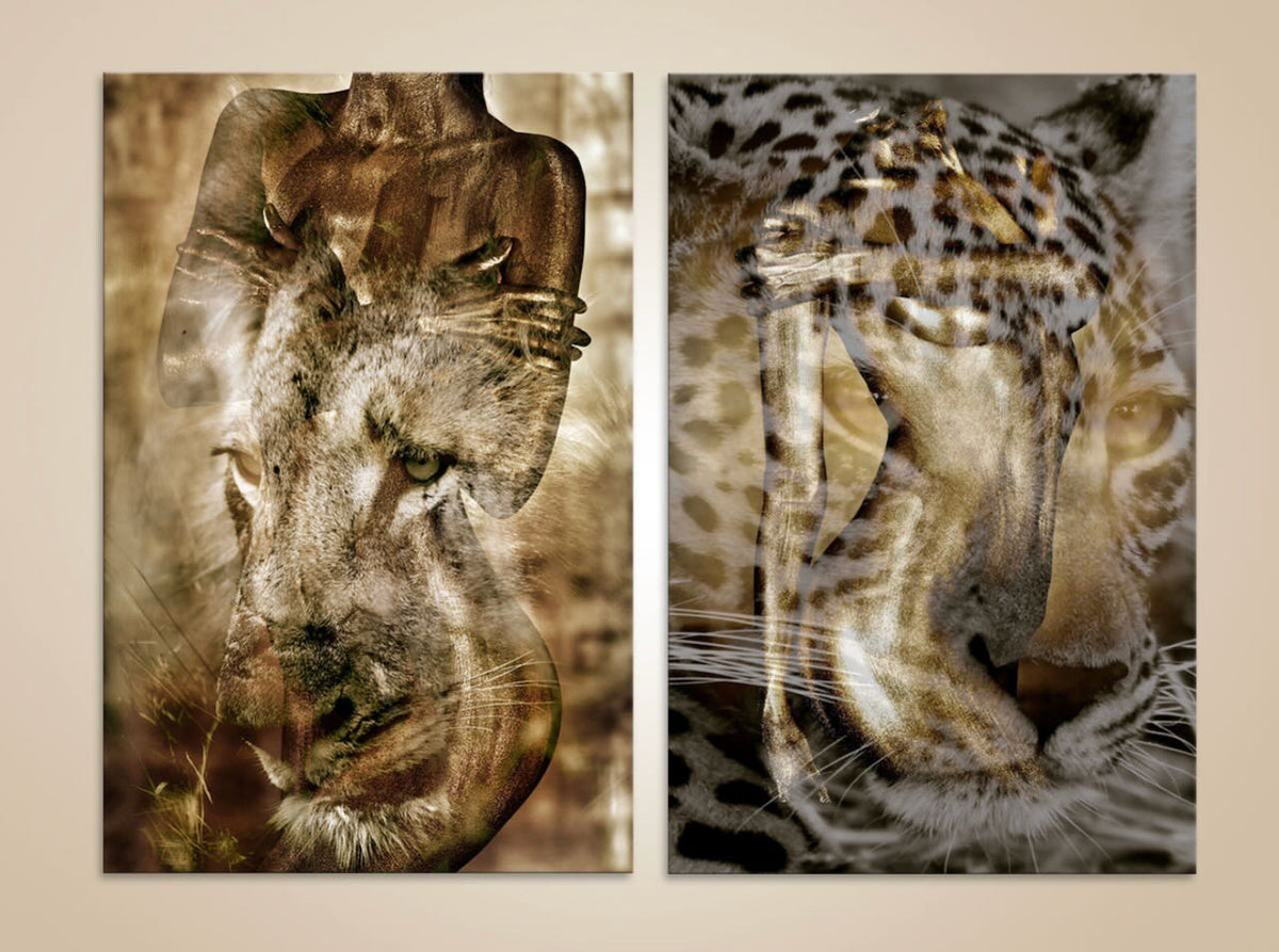Golden feline spirit diptych wall art – luxury fine art photography with lion and leopard fusion