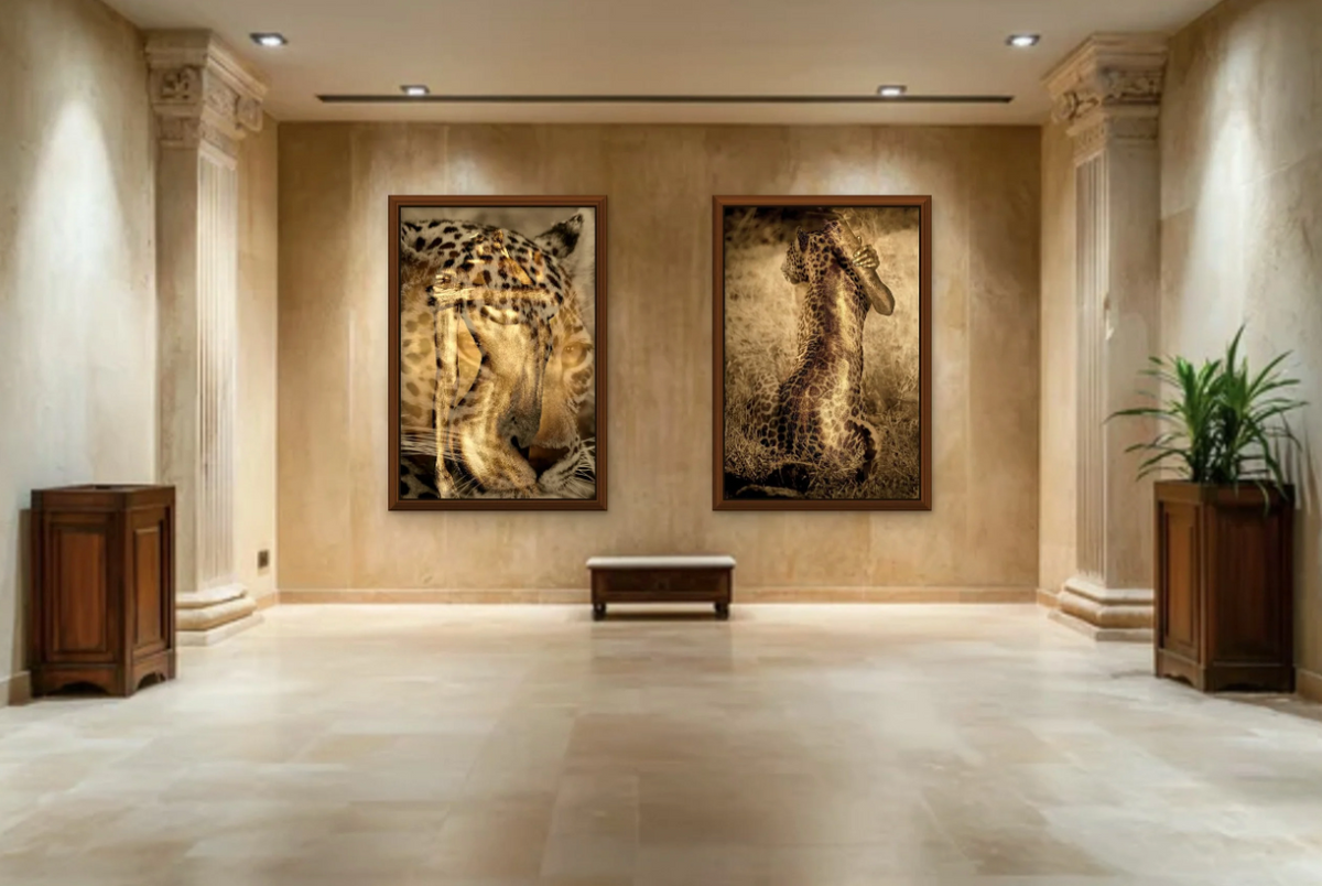 Large fine art photography diptych featuring gold leopard animal fusion by Zack Zublena, displayed in a luxury gallery interior.