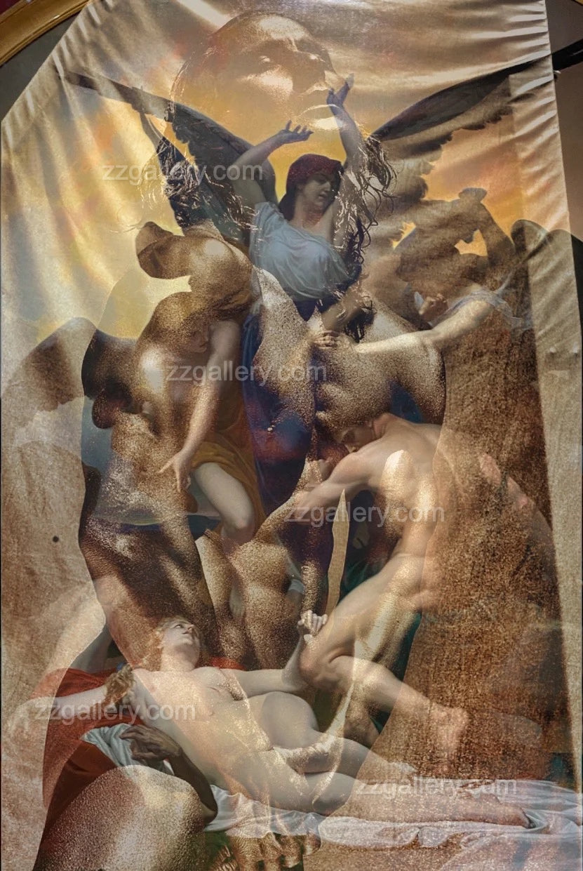 Fine art photography depicting a dramatic composition with mythical inspiration and angelic presence, styled in an elegant interior setting with a wooden table, books, and golden leaves in a vase.