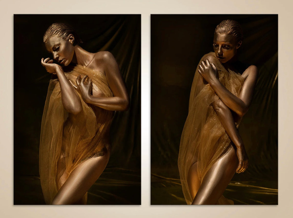 Golden figure goddess fine art photography diptych – luxury gold-painted artwork with flowing veil wall art