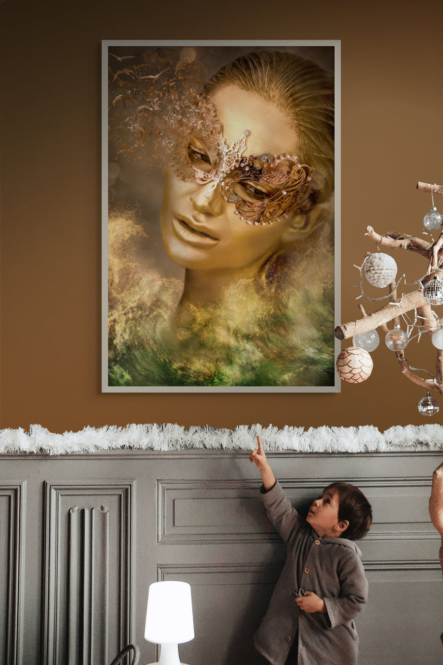 Golden woman with ornate mask blending into clouds and green mist, surreal fine art photography by Zack Zublena.