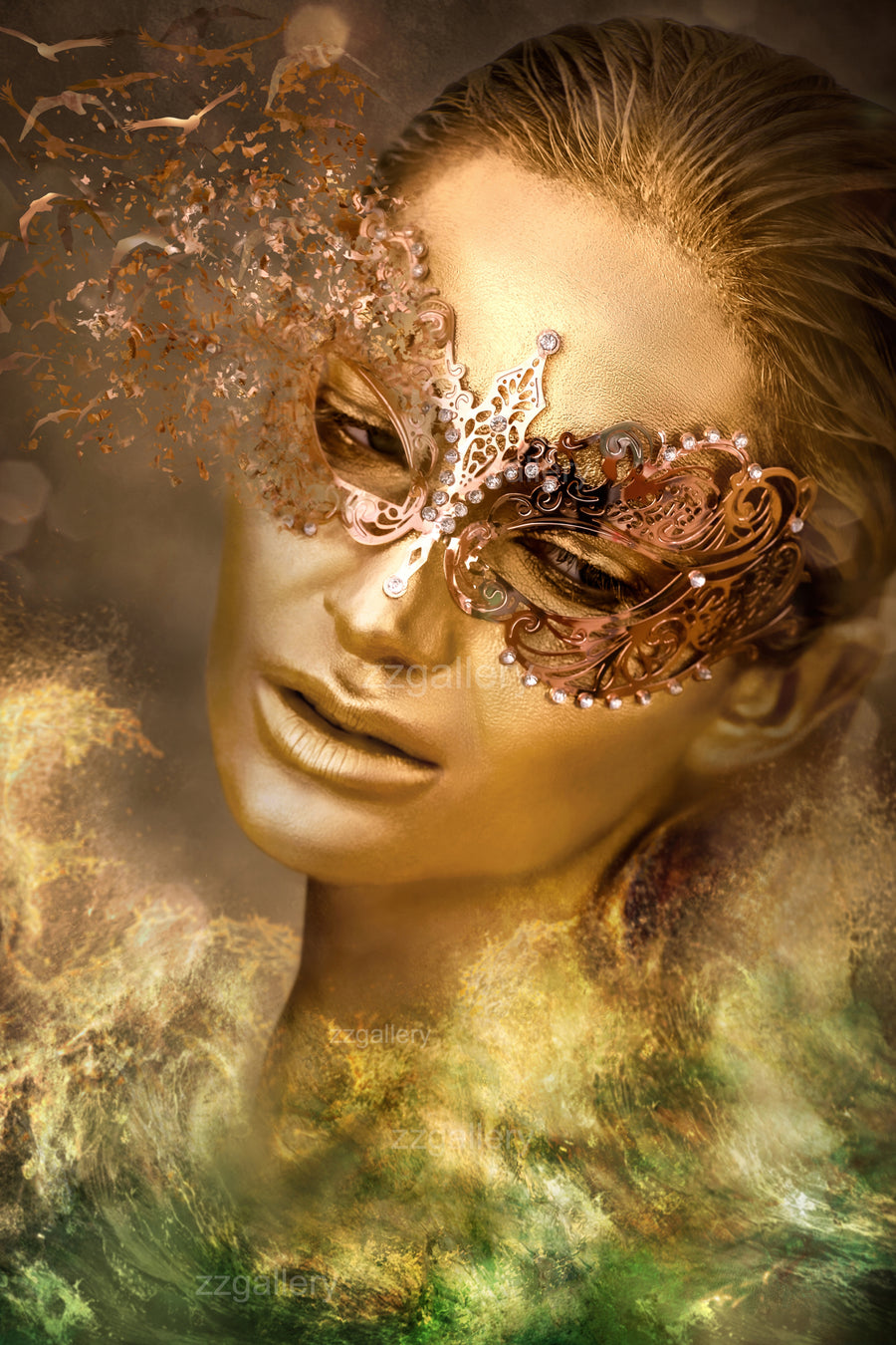 Golden woman with ornate mask blending into clouds and green mist, surreal fine art photography by Zack Zublena.