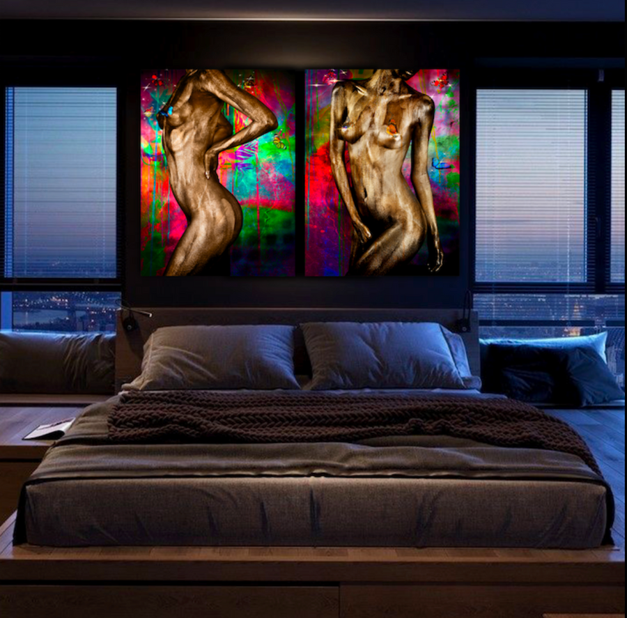 Golden painted figure diptych with vibrant neon backdrop, contemporary fine art wall decor for modern interiors and collectors