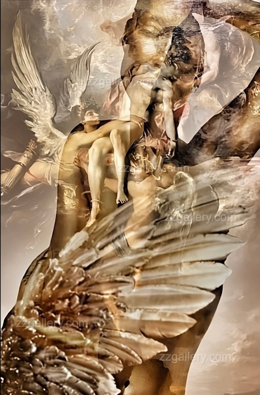 Golden-toned fine art photograph depicting a luminous angelic messenger and feminine figure in a symbolic annunciation scene, blending wings, light, and sculptural silhouettes for elegant wall decor.