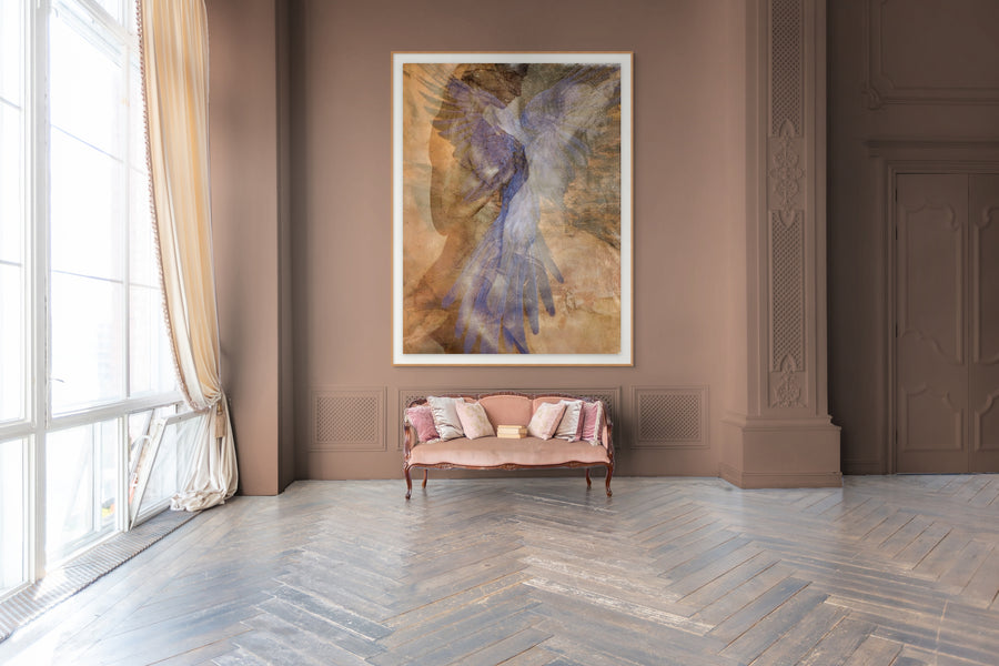 Fine art photography print by Zack Zublena showing a painted human figure with layered golden tones and translucent blue wings, highlighting form, color, and texture in a contemporary style.