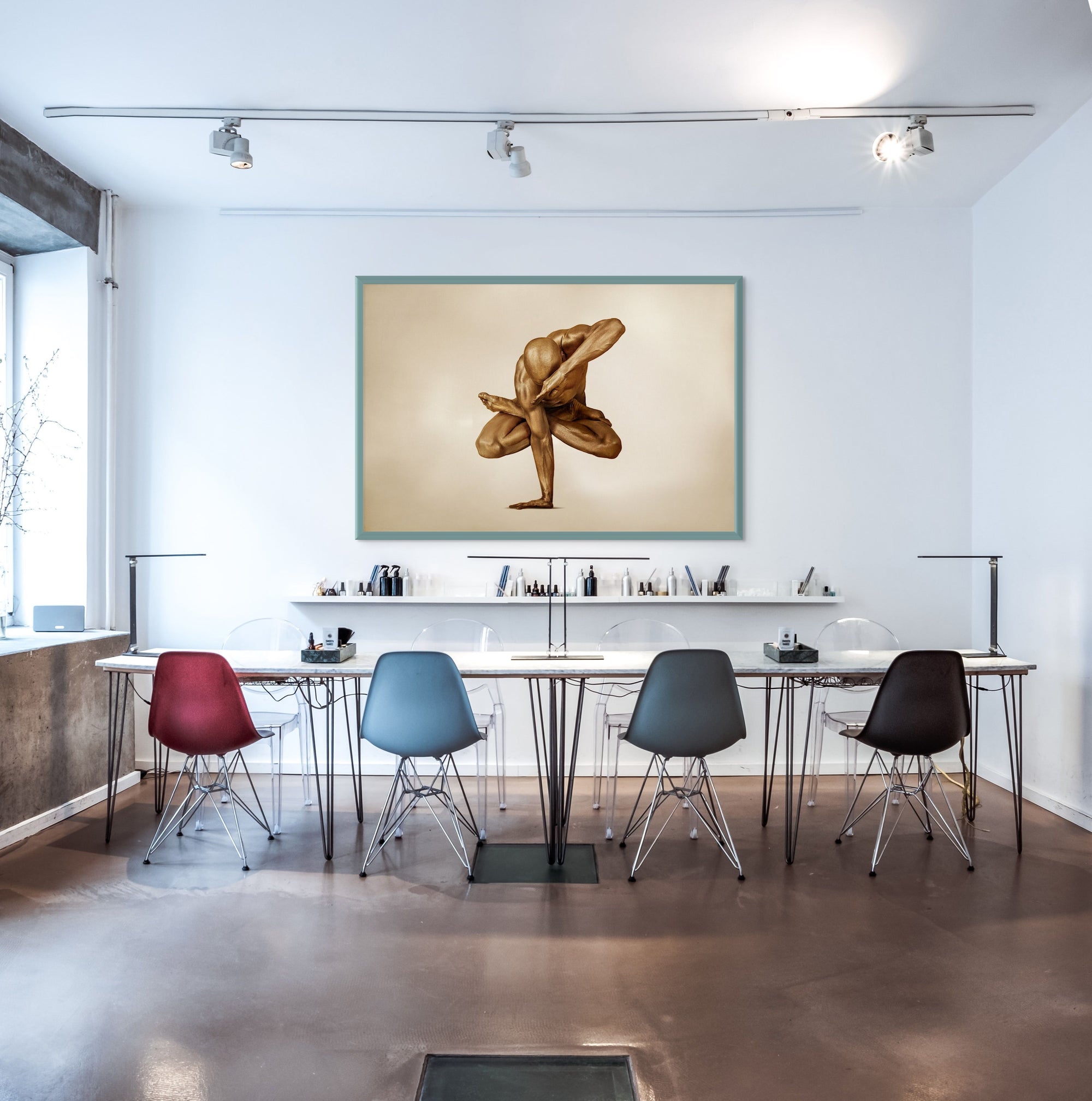 Golden-painted nude figure balancing in a powerful yoga pose, representing quantum field art and conceptual meditation photography by Zack Zublena.