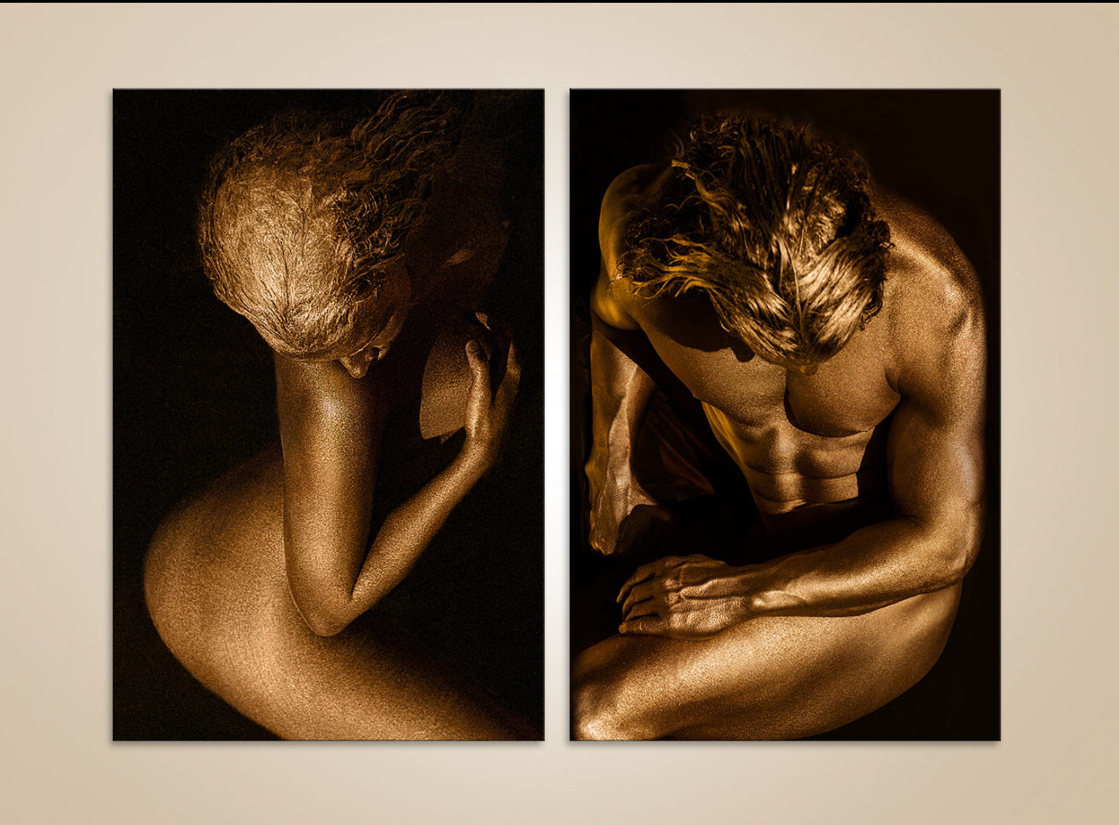 Golden couple diptych fine art photography – man and woman painted in gold, captured in harmonious fine art composition by Zack Zublena.