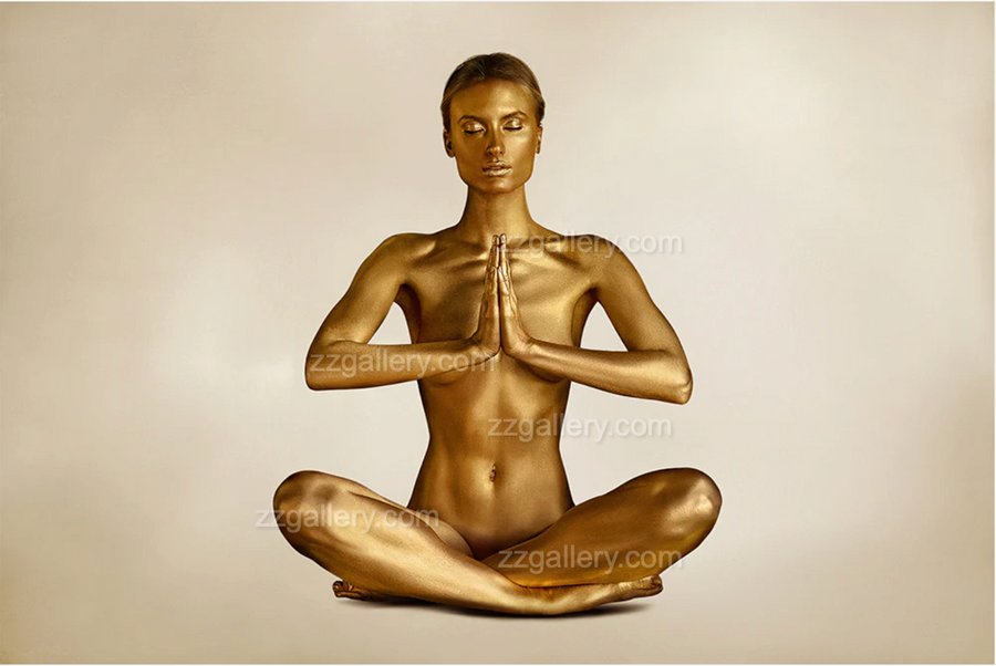 Golden-painted silhouette in a serene meditation pose with hands pressed together in prayer, captured in Zack Zublena’s fine art photography. Perfect for spiritual wall art, yoga studio decor, or luxury home interiors.