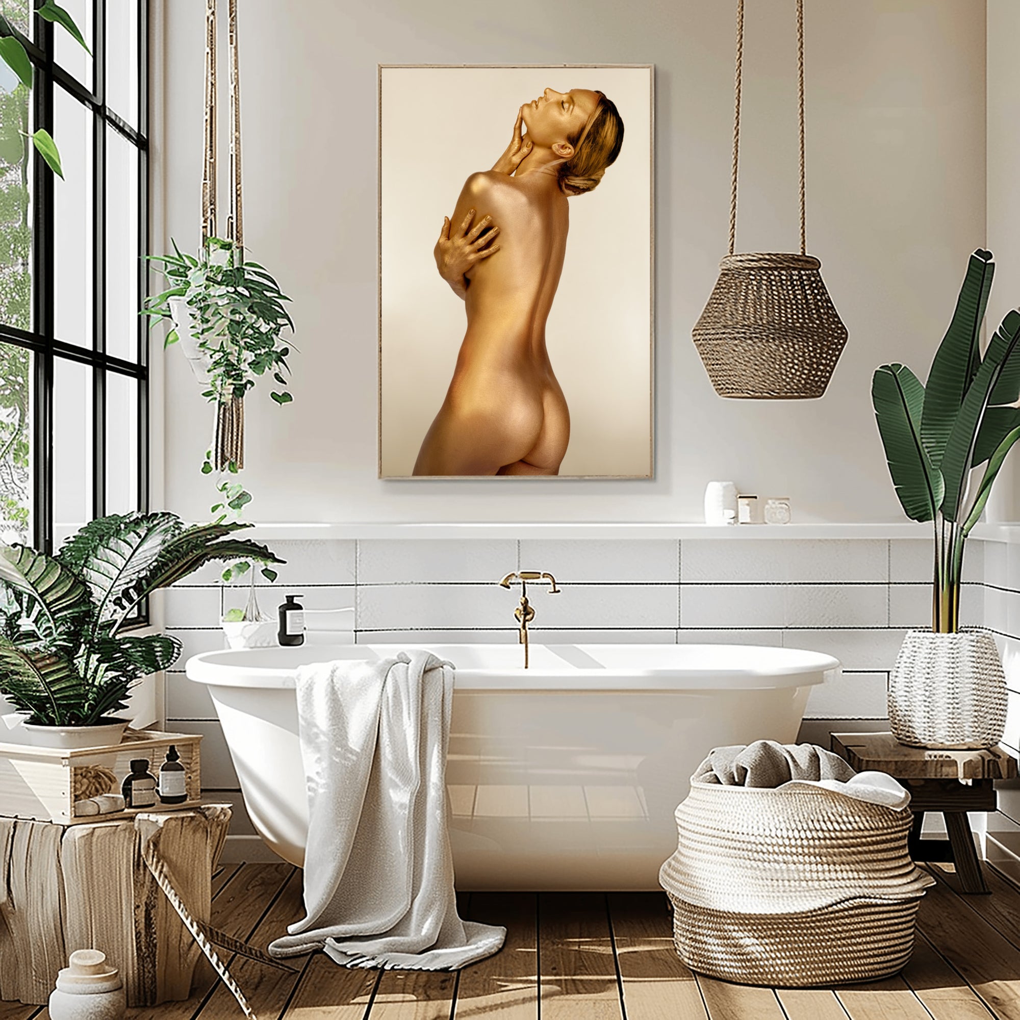 Golden figure artwork hung in a luxury bathroom interior with plants and natural light, spa-inspired setting.