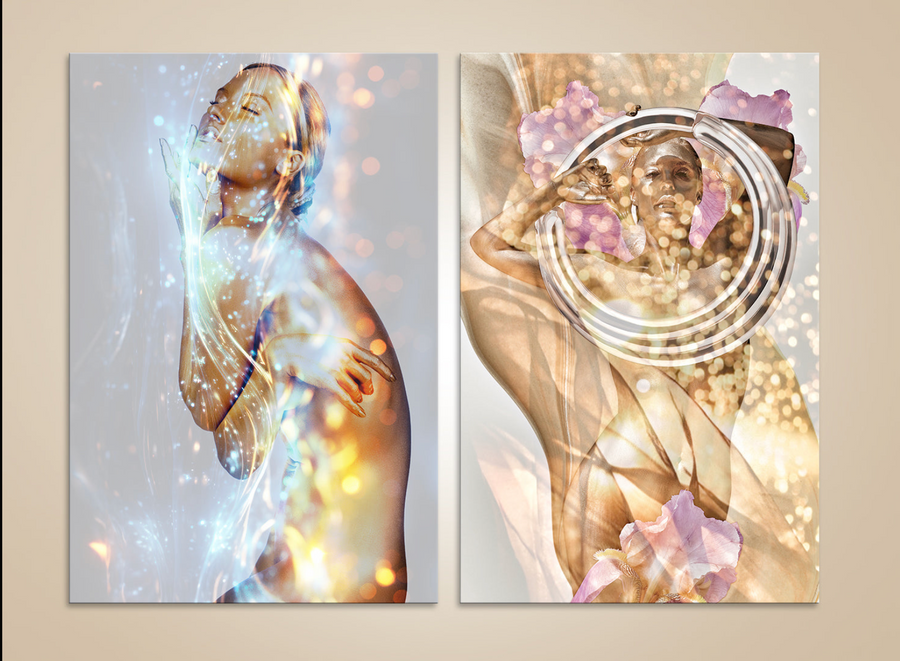 Golden figure cosmic diptych wall art – luxury fine art photography with floral and light textures