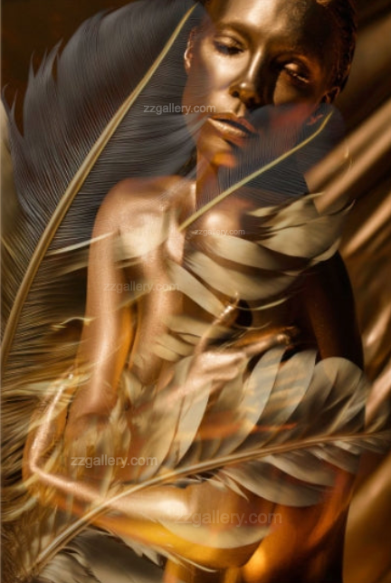Golden portrait with feather details in warm light — surreal fine art wall decor adding elegance and tranquility to modern interiors.