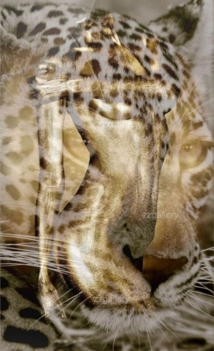 Golden-painted figure blended with the face of a leopard, contemporary fine art photography highlighting feline strength, balance, and artistic expression.