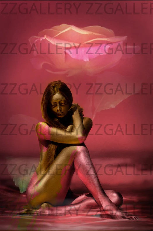 Golden-painted feminine figure seated beneath a luminous pink rose, symbolizing love, rebirth, and divine energy in surreal fine art photography. Perfect luxury wall art for bedrooms, spas, and wellness spaces.