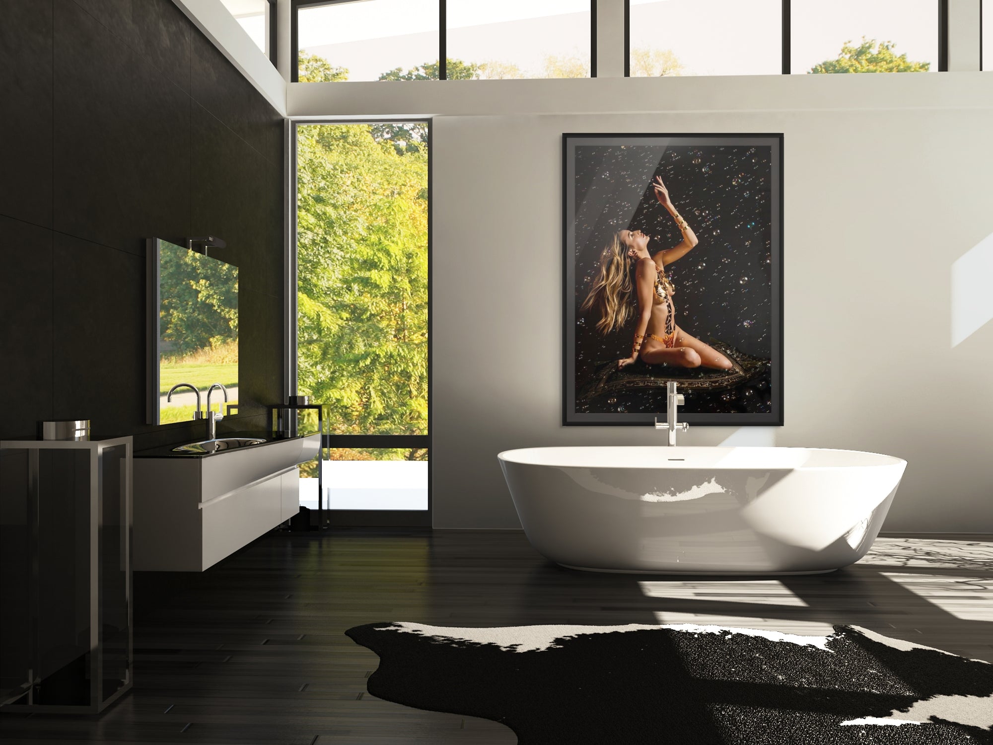 Modern bathroom interior with a large framed golden-themed fine art photography print featuring a seated figure surrounded by floating bubbles.