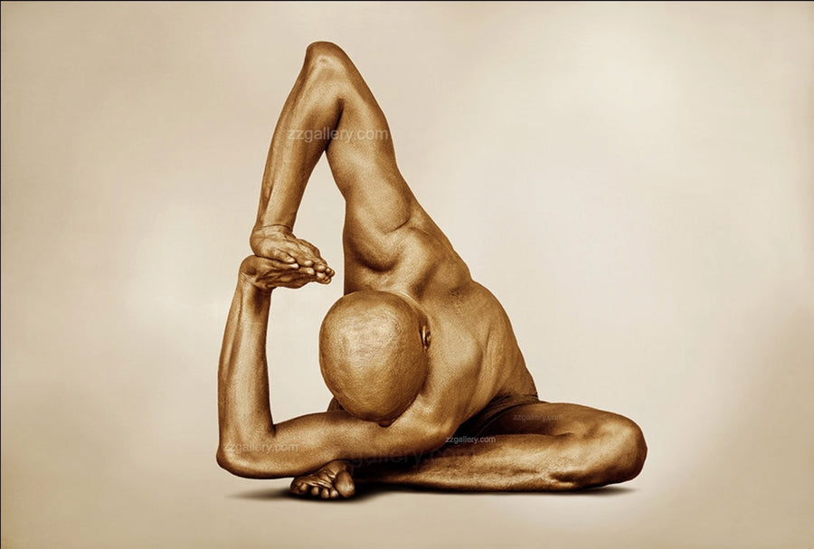 Golden-painted male figure in a deep yoga pose, symbolizing strength, flexibility, and mindfulness — fine art wall decor for meditation rooms, yoga studios, wellness spaces, and luxury contemporary interiors.