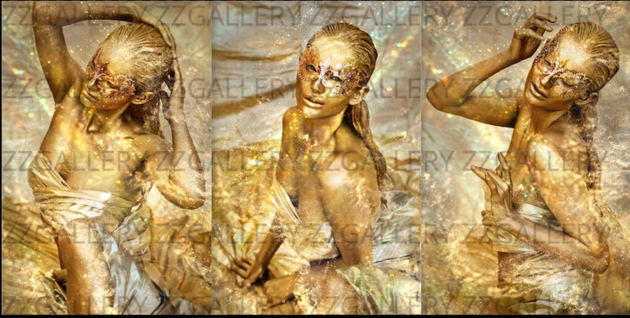 Venezia carnival goddess in gold body painting with Venetian mask, fine art photography triptych for luxury interiors and elegant décor.
