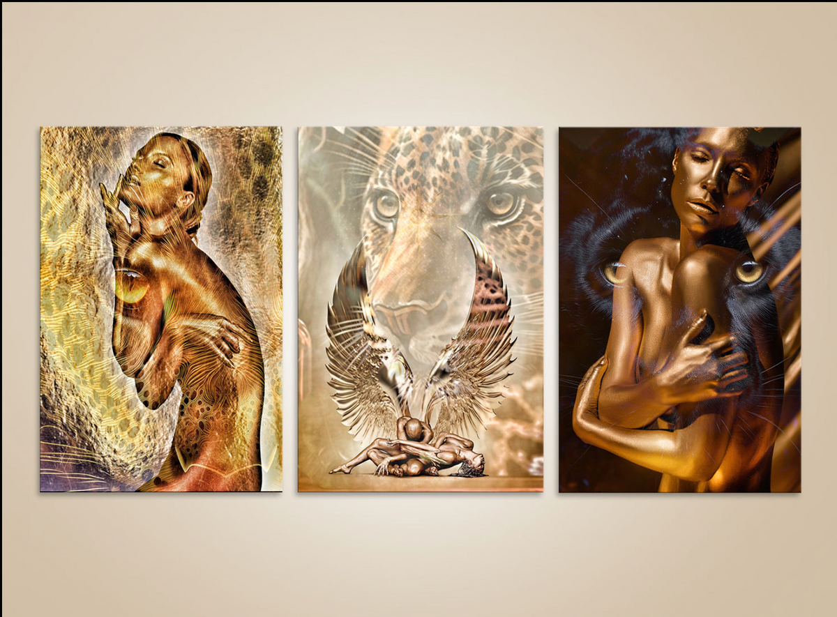 Trittico leopardo dorato, arte surreale con giaguaro, ali e simbolismo divino progettato per interni e collezionisti di lusso.