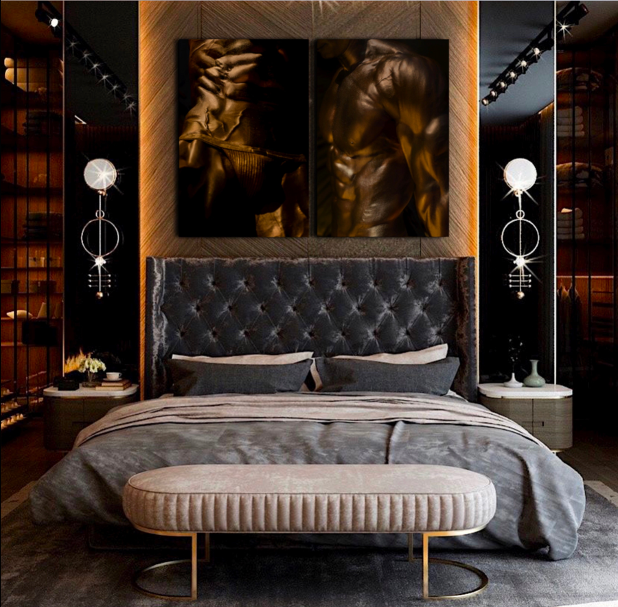 Golden male torso diptych wall art – luxury sculptural gold photography for modern bedroom, gallery, or interior decor