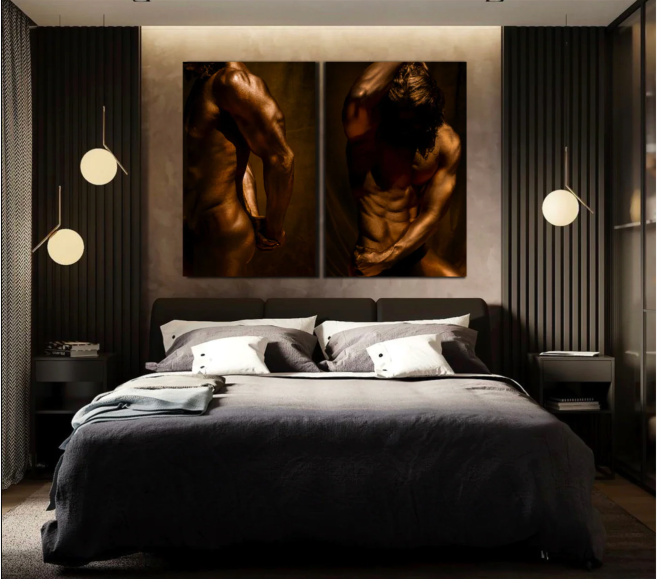 Diptych of golden male figure wall art displayed above a modern bed – luxury fine art photography for sophisticated interiors, boutique hotels, and design spaces