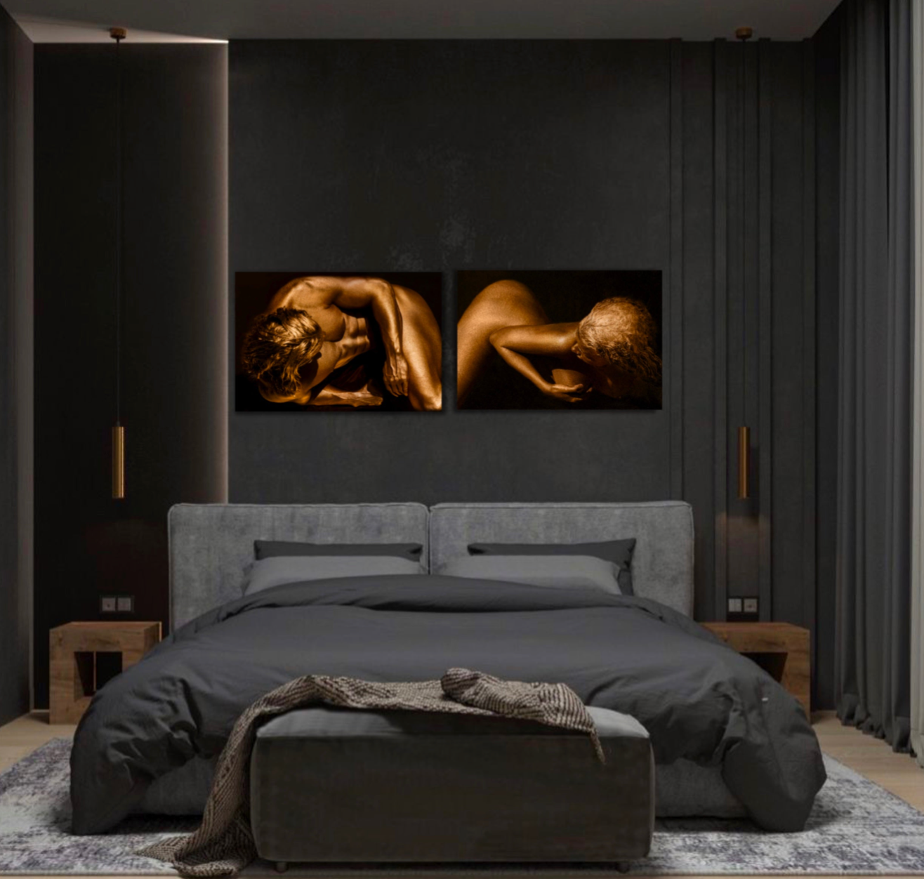 Golden male and female diptych, fine art photography in gold tones for luxury interior wall decor.