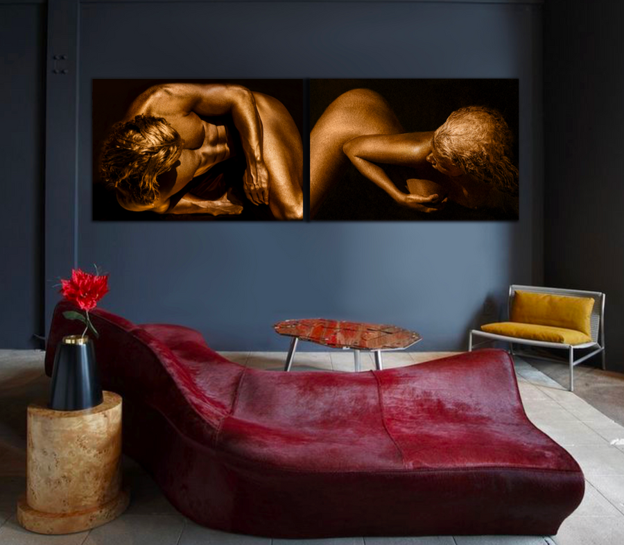 Golden-painted male and female figures in a diptych composition, fine art photography by Zack Zublena exploring divine union, balance, and harmony through light and form.
