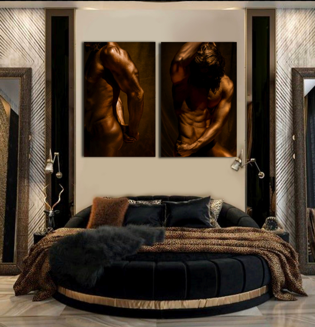 Diptych of two golden male figures in dramatic light – luxury fine art photography prints for modern interiors, boutique hotels, spas, and collectors