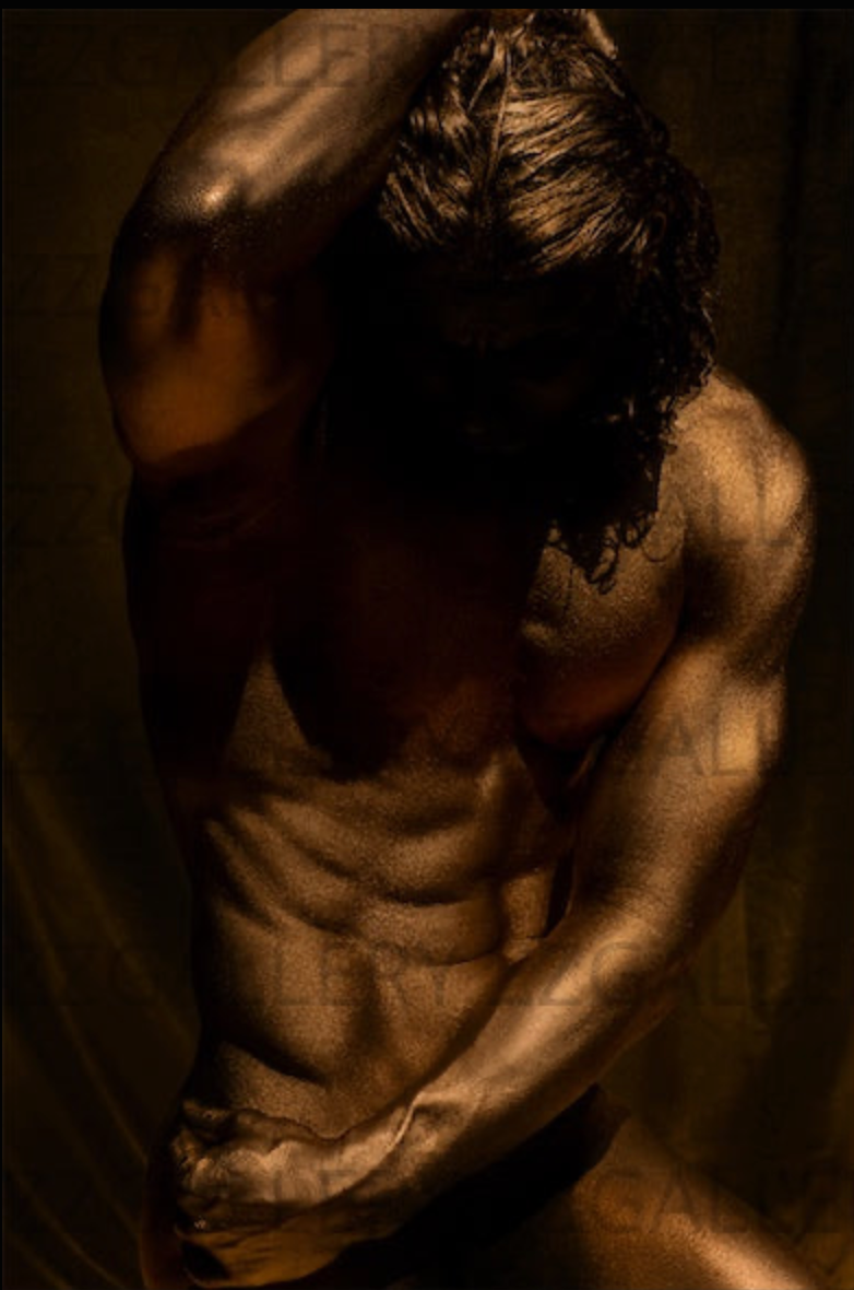 Golden male figure fine art photography with dramatic lighting, contemporary wall art in warm tones for luxury interiors, spas, and design spaces