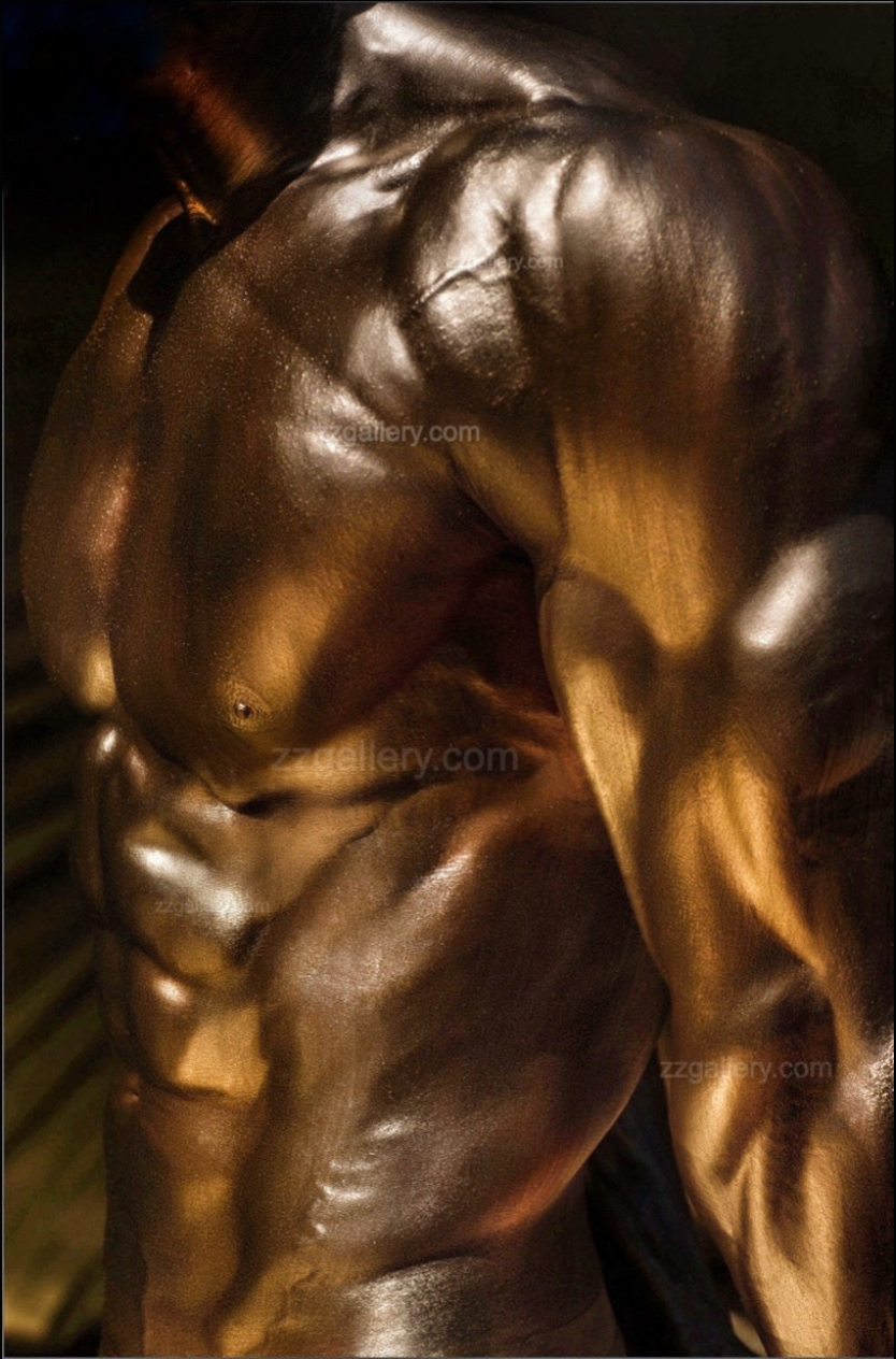 Framed golden fine art photograph of a muscular male torso with metallic body paint, displayed in a modern lobby with armchairs, table, and large windows overlooking mountains.