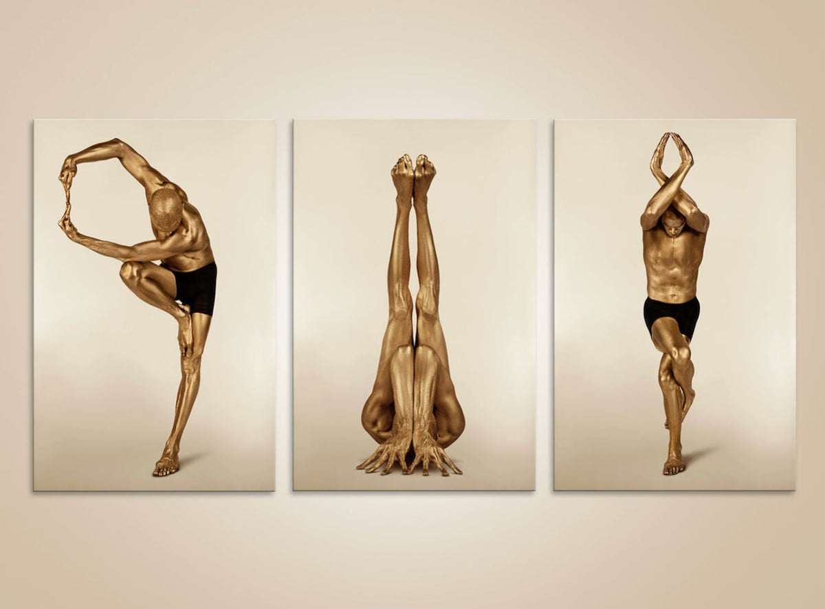 Golden male yoga triptych with three sculptural poses, fine art photography in gold for luxury wall decor