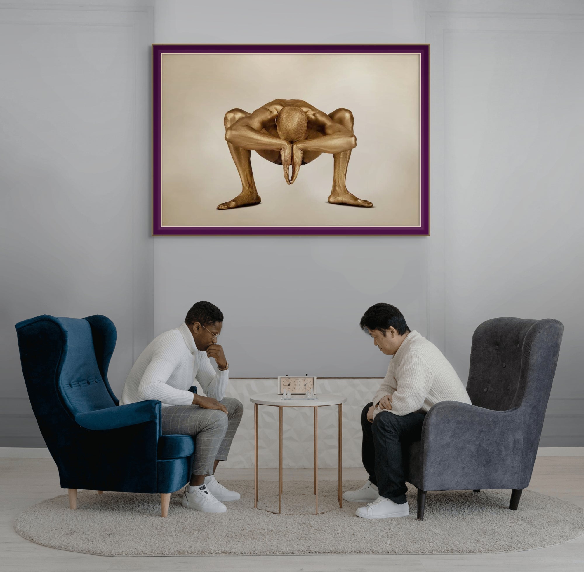 Golden-painted male figure in a deep yoga squat with hands joined in front, captured as fine art wall decor. Symbolizes strength, grounding, meditation, and spiritual energy—ideal for yoga studios, meditation rooms, wellness spaces, and luxury interiors.