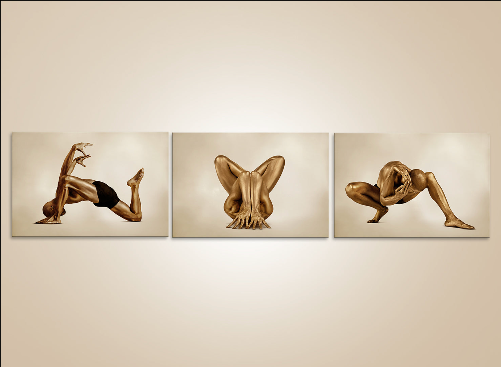 Triptych of a golden-painted male body in yoga and contortion poses, highlighting strength, flexibility, and artistic fine art photography.